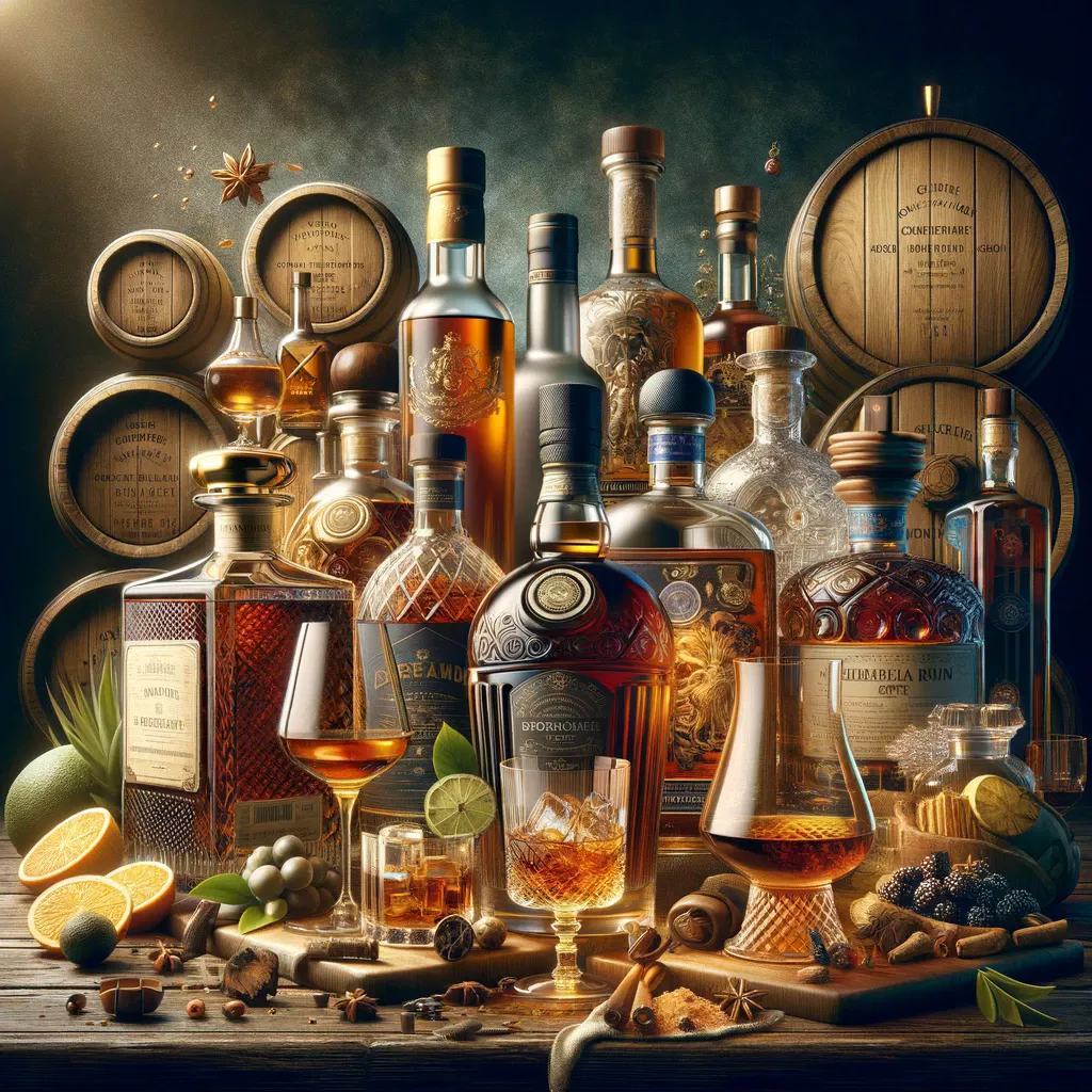 Table en bois riche présentant une sélection de spiritueux haut de gamme : whisky écossais vieilli, cognac français vintage, gin artisanal, et rhum des Caraïbes âgé, à côté de leurs verres caractéristiques, avec des fûts de chêne et d'ingrédients de qualité en arrière-plan.