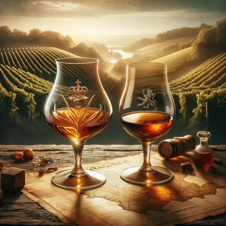 Deux verres à spiritueux, un avec du Cognac et l'autre avec de l'Armagnac, sur un fond de carte et de vignobles vallonnés évoquant les régions historiques de ces eaux-de-vie françaises.