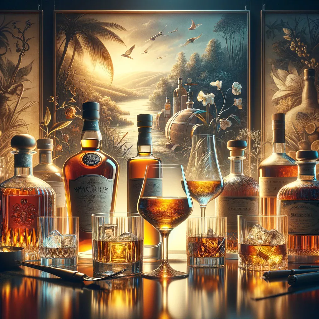 Cette image saisissante capture l'essence même de la dégustation de spiritueux haut de gamme, transportant le spectateur au cœur d'une expérience sensorielle riche et sophistiquée. Au premier plan, une sélection méticuleuse de bouteilles de whisky, cognac, gin, et rhum, reflétant la diversité et la qualité des boissons proposées. Chaque bouteille, avec sa silhouette distinctive et son contenu coloré, raconte une histoire de tradition, d'excellence et de passion. Les verres, partiellement remplis, captent la lumière et invitent à une exploration gustative, promettant des flaveurs tentatrices et des arômes envoûtants. L'arrière-plan est un hommage subtil au terroir riche et varié d'où proviennent ces spiritueux, avec des éléments évocateurs comme des fûts en chêne, des illustrations botaniques délicates, et des vues de champs de canne à sucre, tous contribuant à l'atmosphère immersive et élégante. Cette image est une porte ouverte sur le voyage fascinant que représente la dégustation de ces boissons nobles, mettant en lumière l'art de leur production et la culture de la patience et de l'exigence de qualité qui caractérise ce monde enivrant.