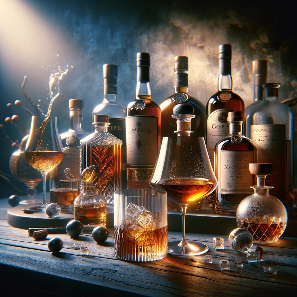 Une sélection luxueuse de bouteilles de spiritueux de qualité supérieure disposées élégamment sur un fond sombre, avec un verre de whisky contenant des glaçons et un verre de dégustation rempli, éclairés par une lumière tamisée.