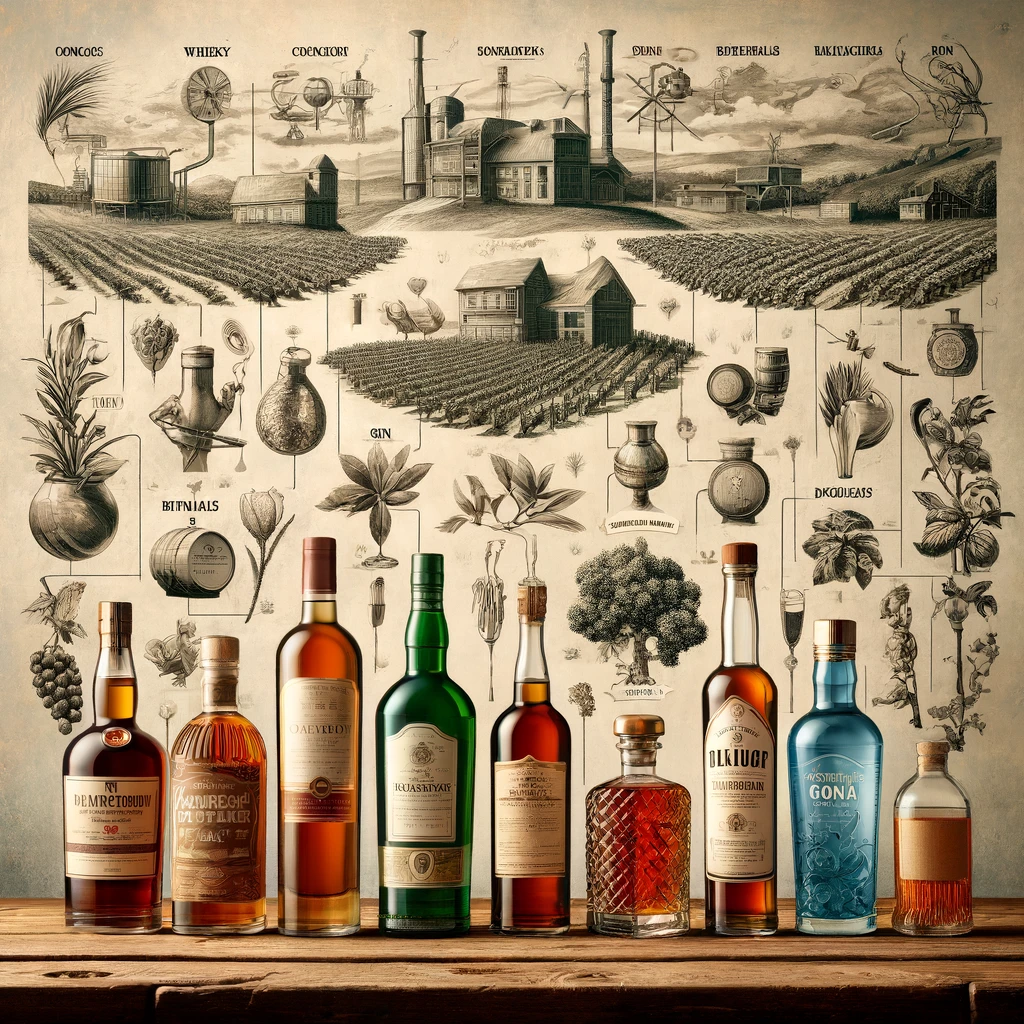 Une sélection diversifiée de spiritueux incluant whisky, cognac, gin et rhum disposés sur une table en bois rustique. Chaque bouteille est accompagnée d'éléments symboliques de sa production, tels qu'une distillerie pour le whisky, des vignes pour le cognac, des plantes botaniques pour le gin, et des champs de canne à sucre pour le rhum.