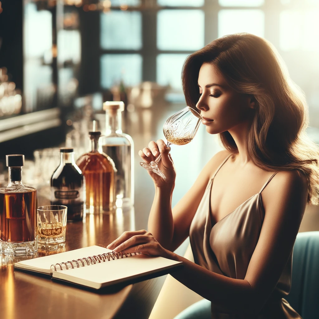 Une femme élégamment vêtue assise à un bar moderne, dégustant un spiritueux. Devant elle, plusieurs verres de spiritueux soulignent son processus de dégustation. À côté d'elle, un carnet de notes symbolise son exploration des saveurs. L'arrière-plan est flou pour mettre en avant son expérience sensorielle dans un cadre sophistiqué.