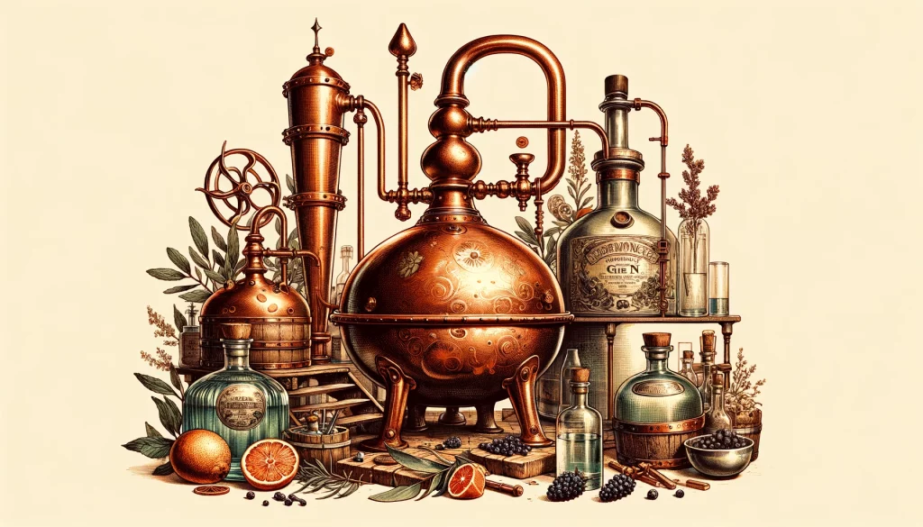 Illustration d'un alambic en cuivre traditionnel utilisé pour la production de gin, entouré de baies de genièvre, zestes d'agrumes et autres botanicals, dans un cadre de distillerie rustique.