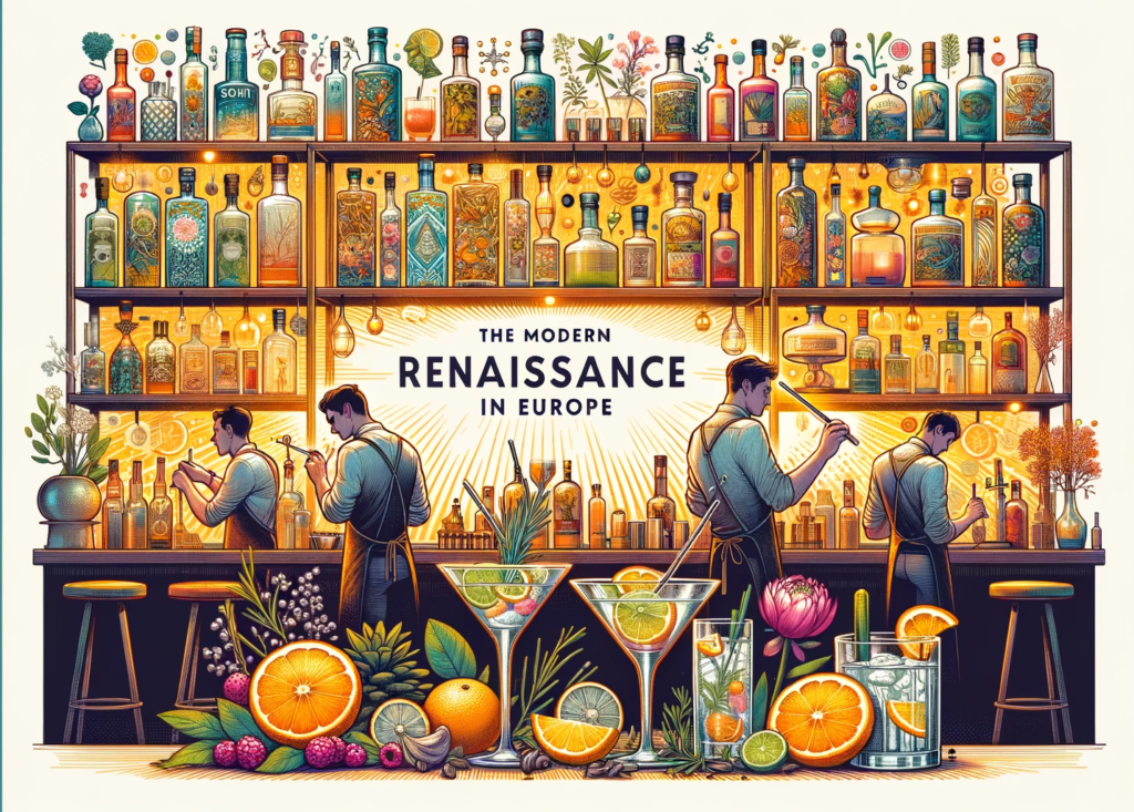 llustration d'un bar branché avec des bartenders préparant des cocktails sophistiqués comme Martini et Negroni, entourés de bouteilles de gin artisanal et de botanicals.