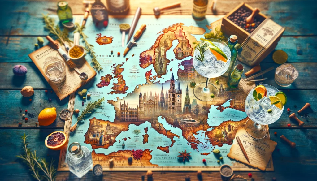 Carte de l'Europe avec des icônes culturelles et des bouteilles de gin, entourées de baies de genièvre, zestes d'agrumes et épices, reflétant la tradition et l'innovation du gin européen.