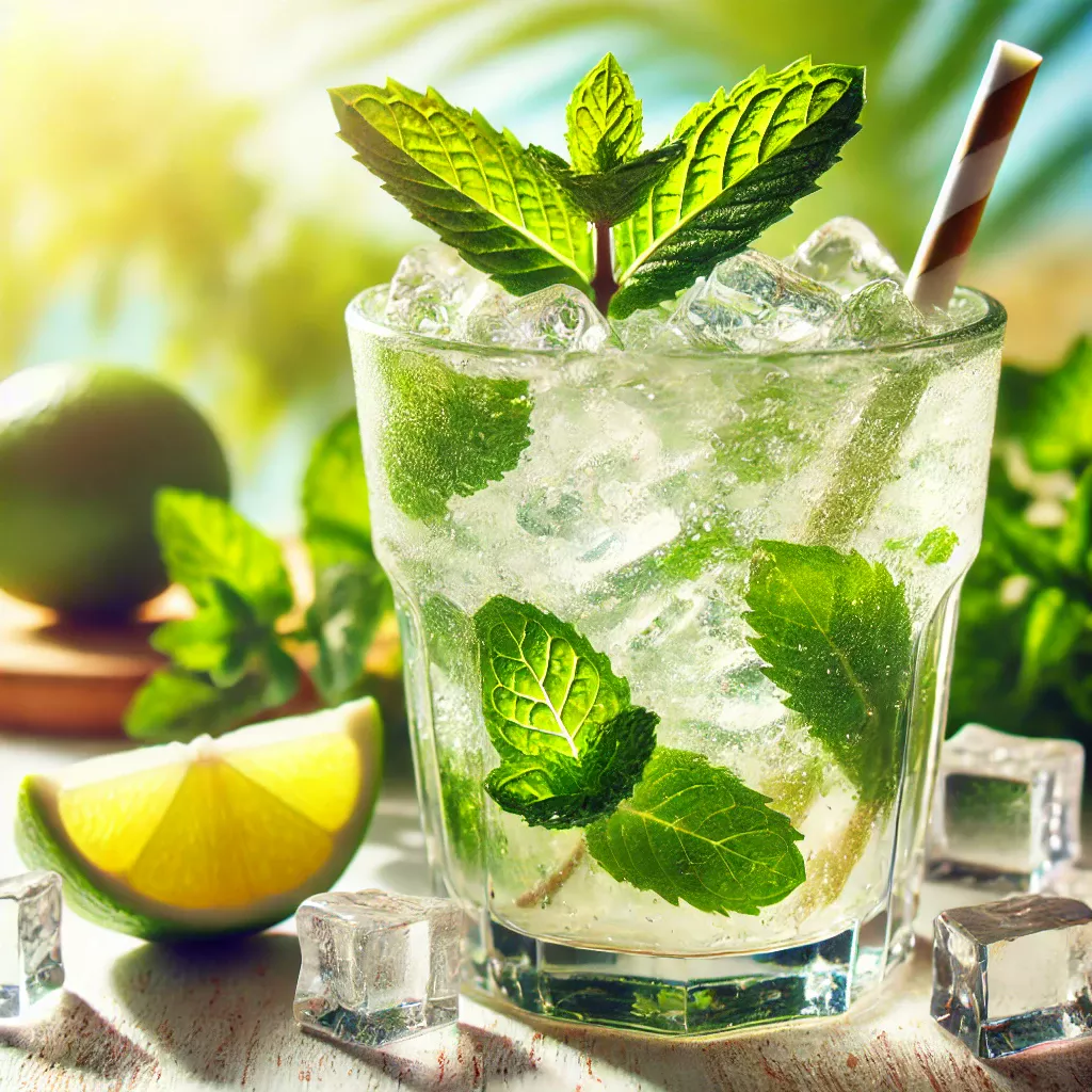 Verre de mojito classique garni de menthe fraîche, de glace pilée et de tranches de citron vert