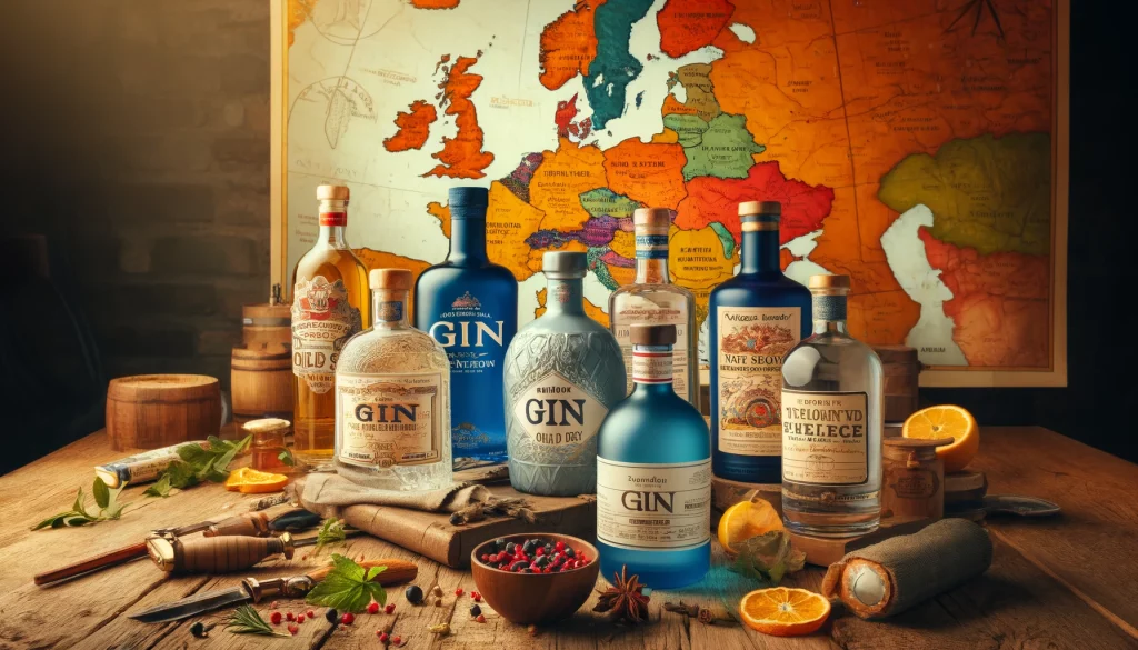 Bouteilles de gin européen sur une table en bois avec une carte de l'Europe en arrière-plan, incluant des éléments botaniques comme des baies de genièvre et des zestes d'agrumes.