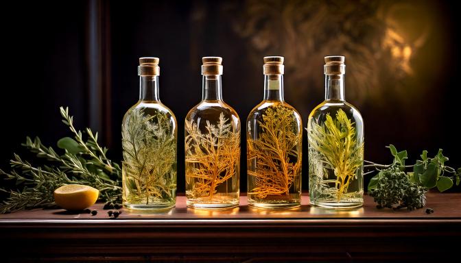 Bouteilles de gin artisanal belge avec des herbes aromatiques, exposées dans un cadre élégant.