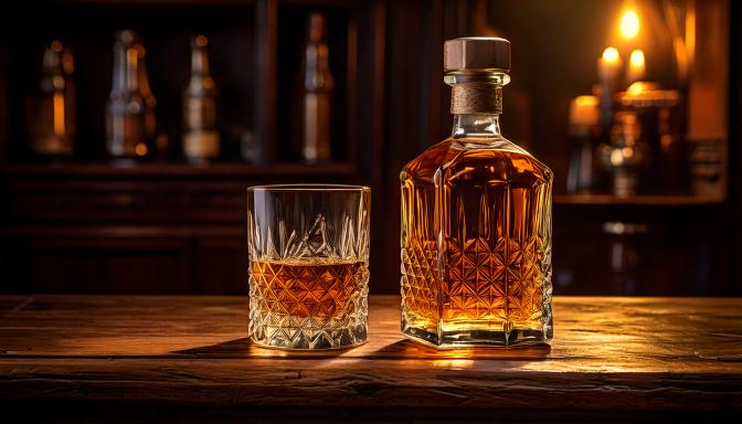 Bouteille de whisky belge avec un verre rempli, ambiance chaleureuse et tamisée.