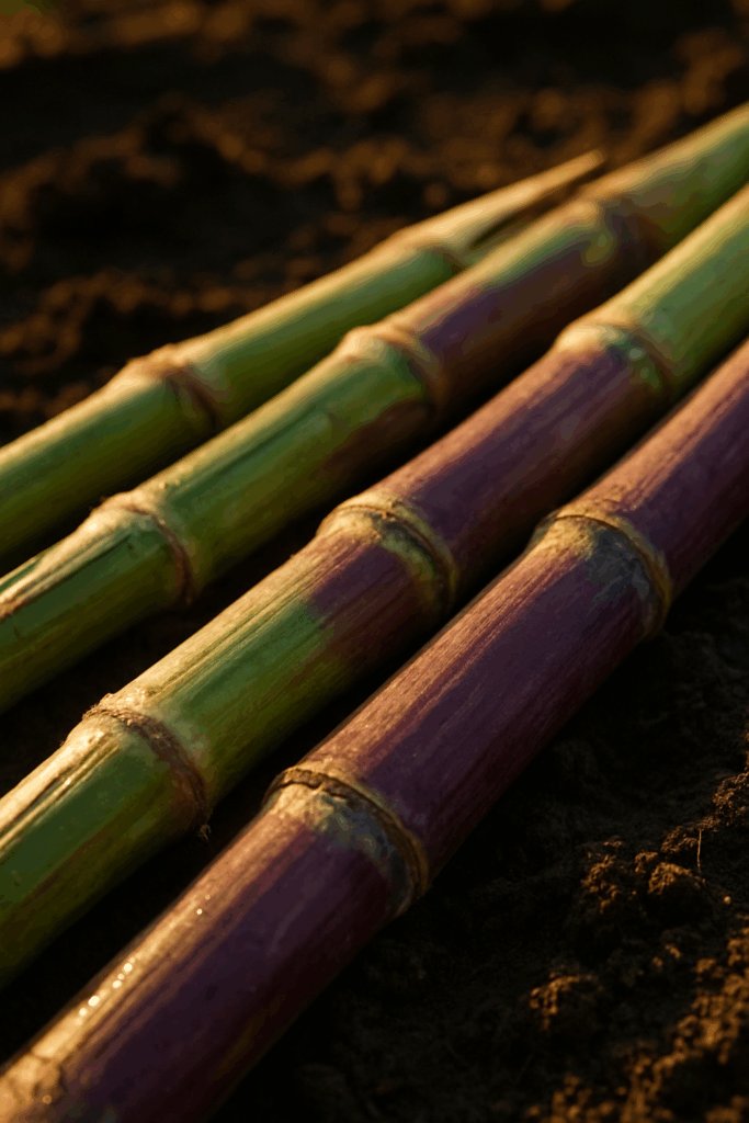 Tiges de canne à sucre fraîche posées sur une terre sombre au coucher du soleil