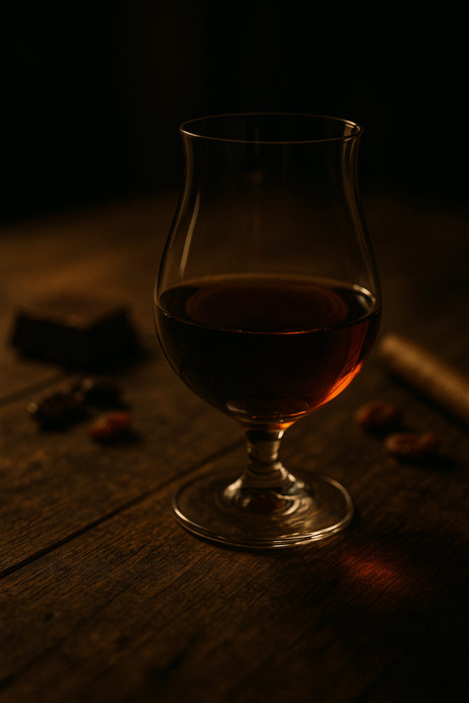 Verre tulipe de rhum ambré sur table en bois sombre, ambiance feutrée avec chocolat et fruits secs